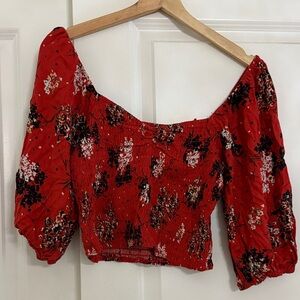 Audrey 3+1 Red Floral Smocked Blouse